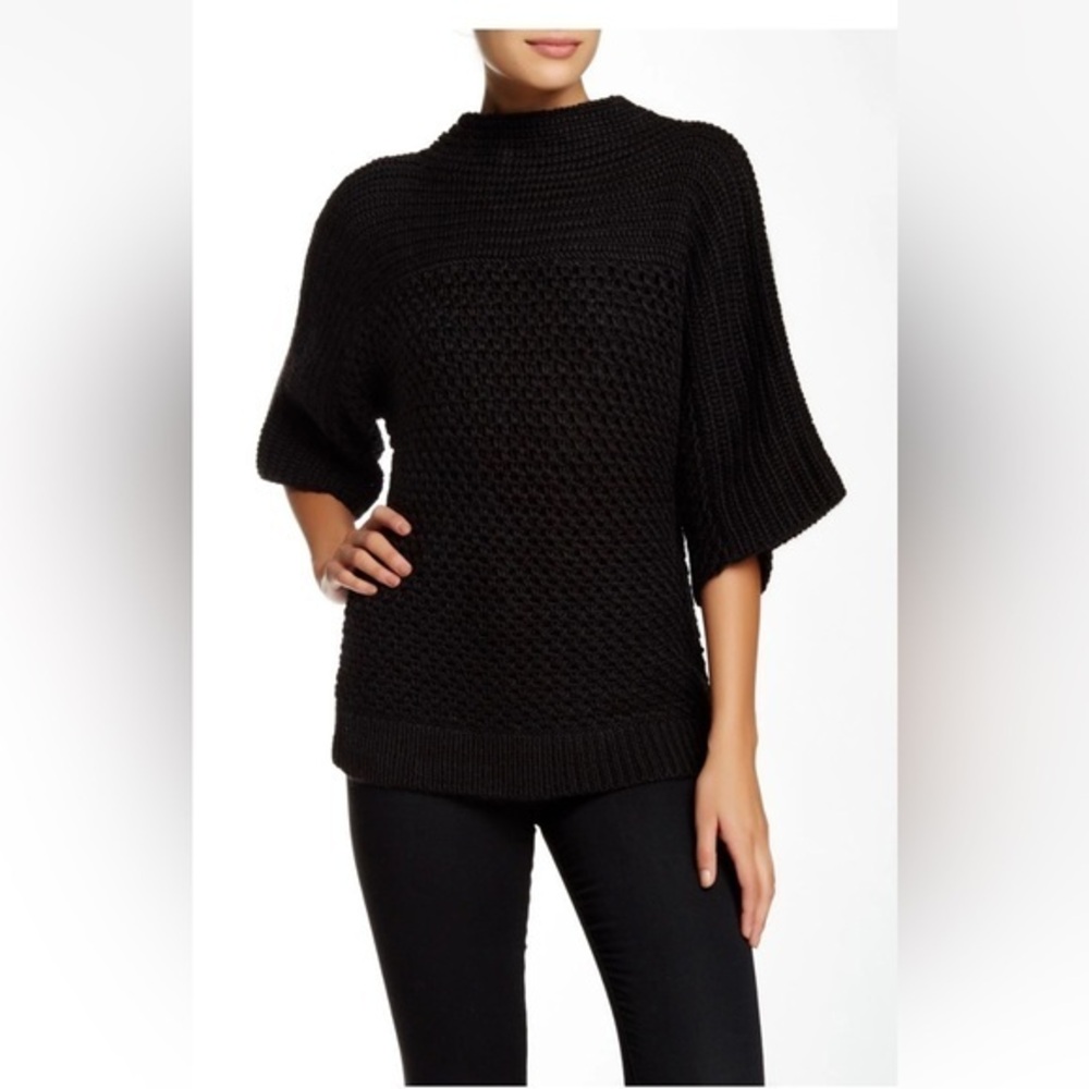 Trina Turk Ripa Wool Blend Cable Knit Crochet Sweater Black Extra Large